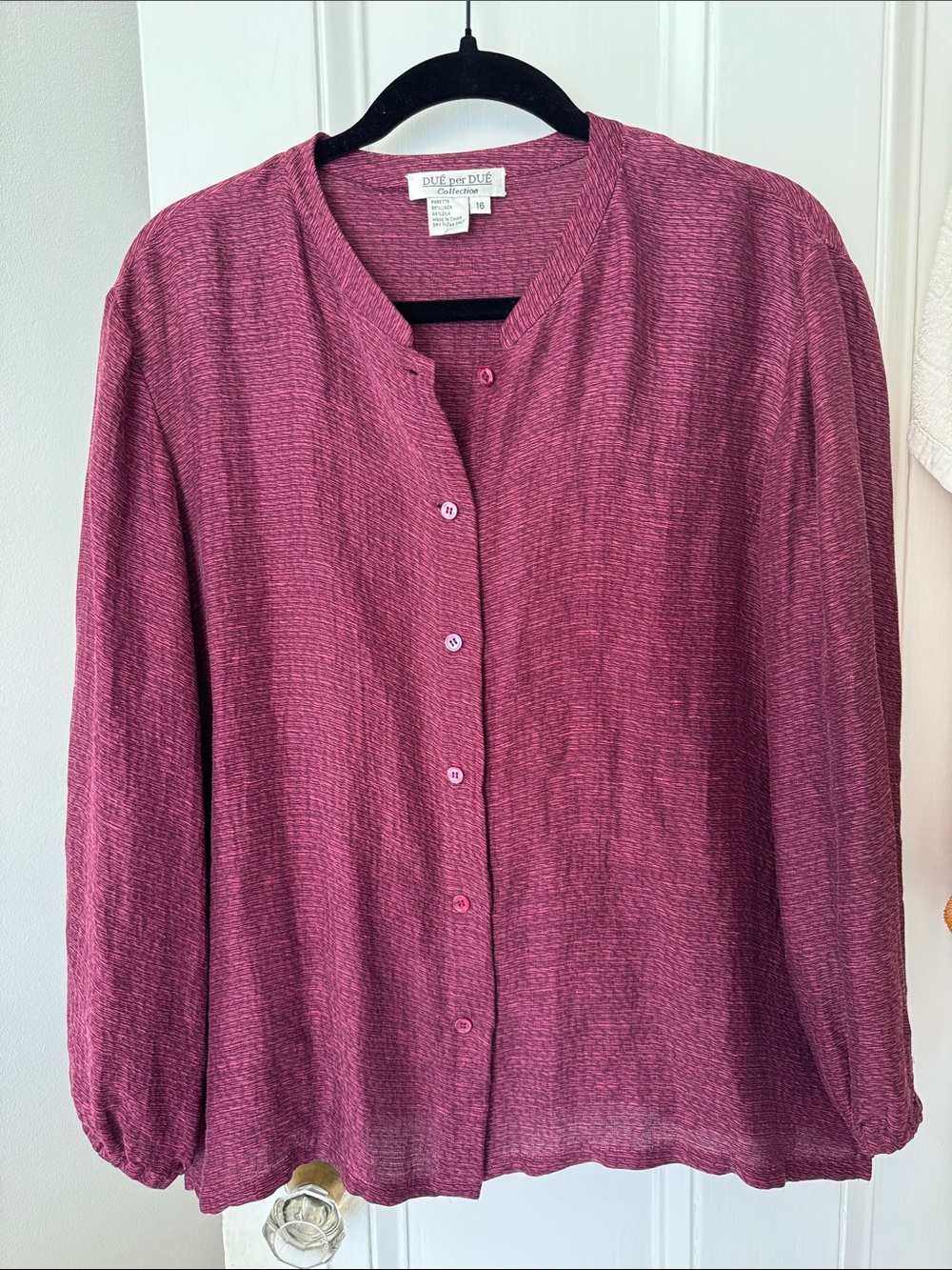 Vintage Linen and Silk Women's Burgundy Button-Down Textured Blouse